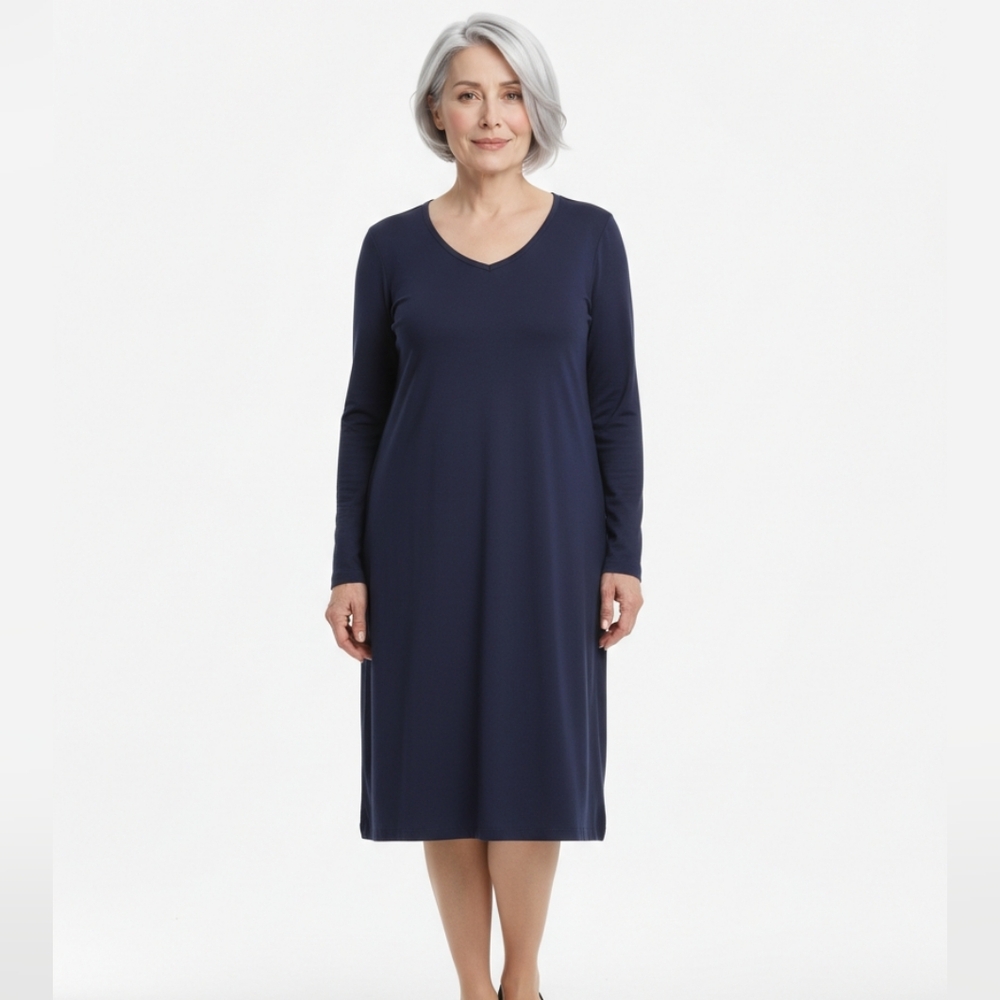 Hanro Switzerland Midnight Blue Lace Detail Long Sleeve Sleep Gown Dress XL (21)
